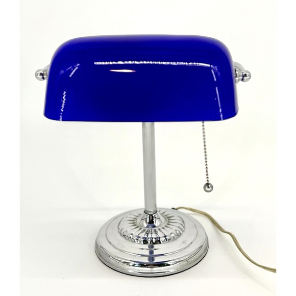 Cobalt Blue Glass Bankers Lamp Silver Pedestal Pull String Table Light TESTED - Picture 1 of 10
